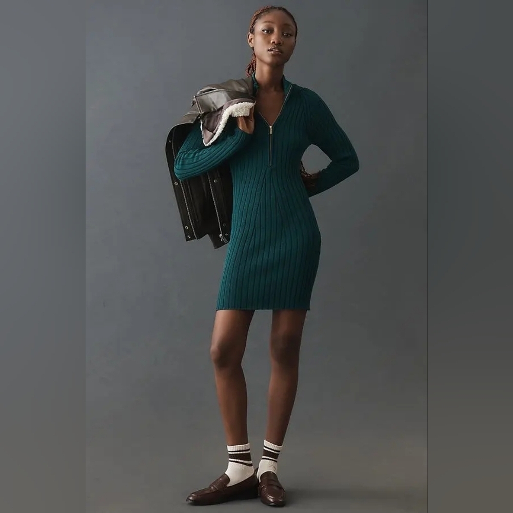Pilcro Quarter Zip Sweater Dress Ribbed Knit Blue Green Medium Anthropologie